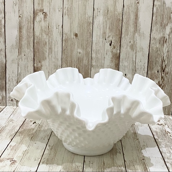 Vintage Fenton Style Milk Glass Hobnail Ruffled Scalloped Large Bowl